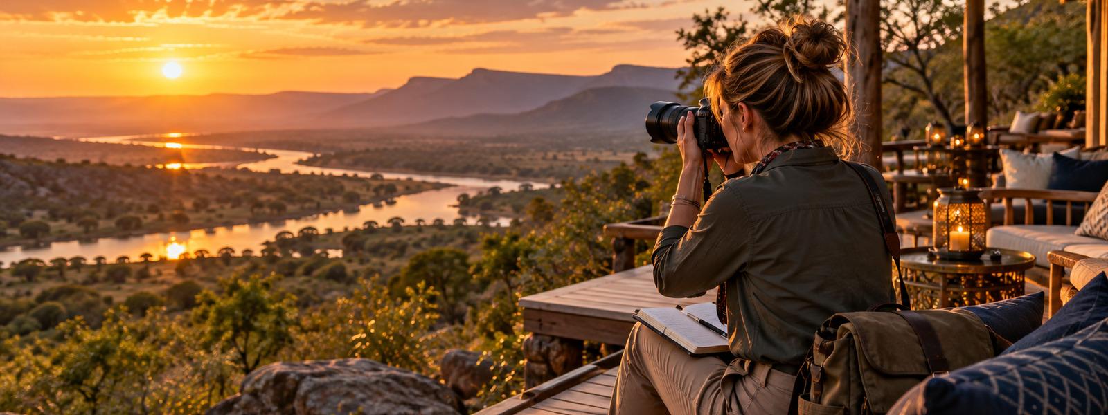 Travel journalist photographing a lodge at sunset